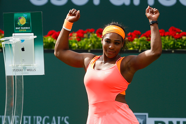 INDIAN WELLS, CA - MARCH 17:  Serena Williams of USA poses for social media after her match against Sloane Stephens of USA during day nine of the BNP Paribas Open tennis at the Indian Wells Tennis Garden on March 17, 2015 in Indian Wells, California.  (Photo by Julian Finney/Getty Images)